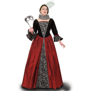 this dark red taffeta and black velvet dress has a silver and black arabesque print stomacher